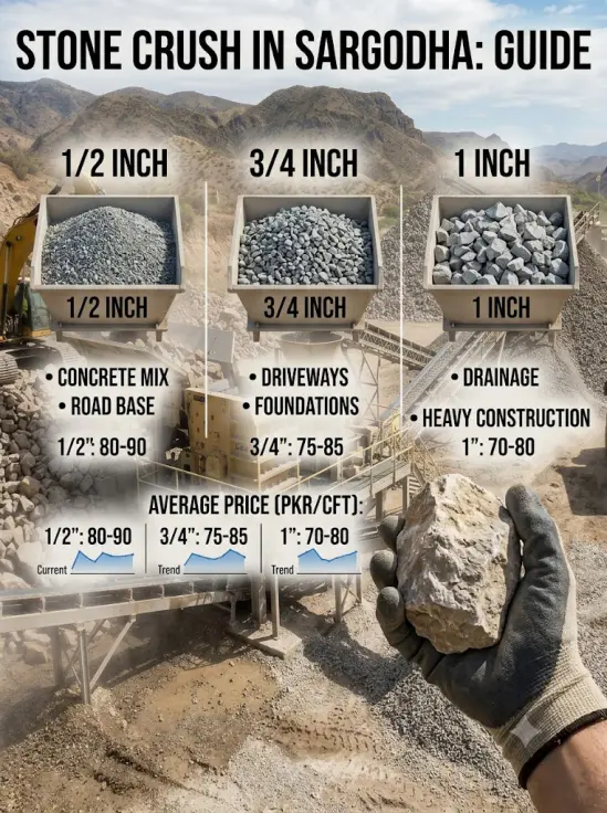 1/2, 3/4 & 1 Inch Stone Crush in Sargodha – Sizes, Uses & Price Guide