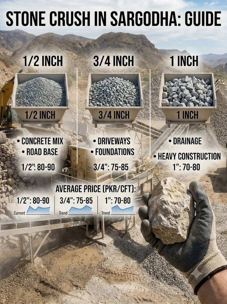 1/2, 3/4 & 1 Inch Stone Crush in Sargodha – Sizes, Uses & Price Guide